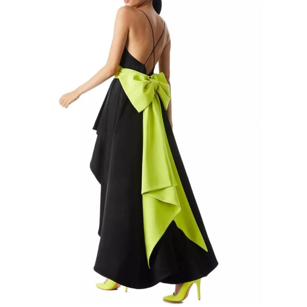 ALICE + OLIVIA Joss Gown Black with Citron Bow Hi-Lo Hemline Size 4 NWT - Picture 3 of 10